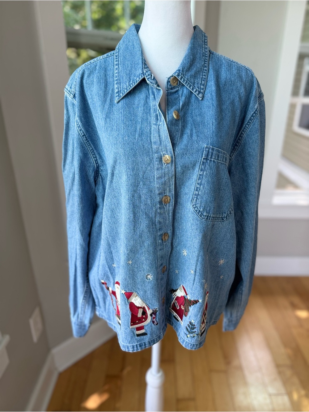 Christopher & Banks Denim Button-Down Jean Shirt Santa Embroidery XL